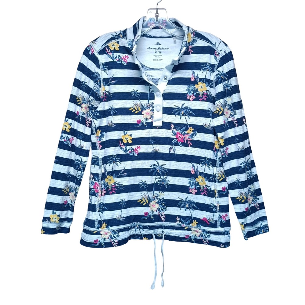 Tommy Bahama Womens XS Floral Stripe Cotton Pullover Top Long Sleeve Drawstring